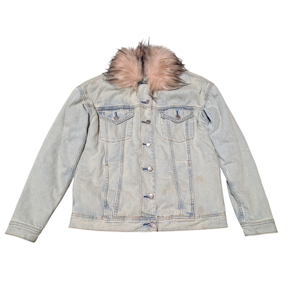 American Eagle Denim Jacket Women S Light Wash Faux Fur Collar Lined Trucker